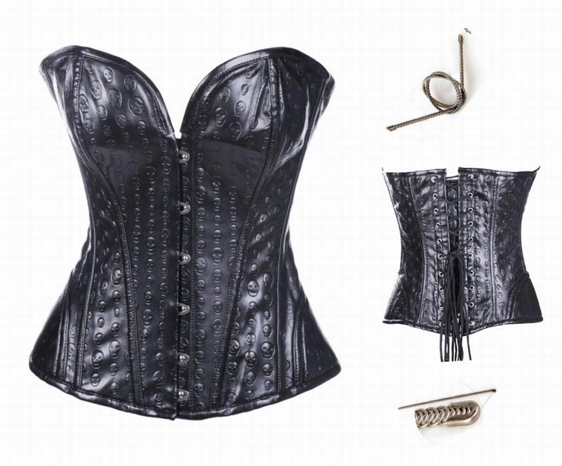 Skull Print Leather Metal Boned Corset